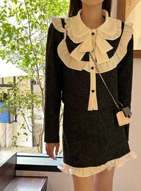 2023春季法式小香风时尚荷叶边撞色拼接外套＋半身裙两件套女