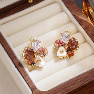 XKDDCT小众气质淡水珍珠五瓣花耳钉手工花瓣巴洛克银针耳环网红百