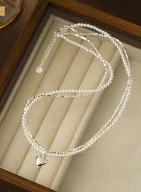 XKDDCT双层碎银珍珠爱心项链女小