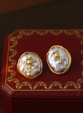 XKDDCT中古大巴洛克粉紫色淡水珍珠耳钉重工复古玫瑰花耳环法式耳