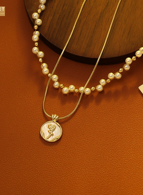 XKDDCT双层叠戴玫瑰珍珠项链高级