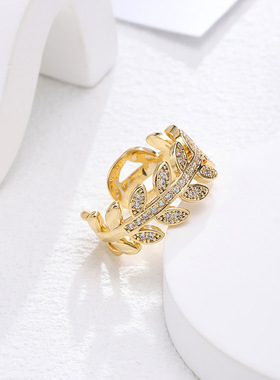 XKDDCT锆石树叶开口镂空戒指时尚