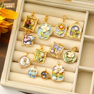 XKDDCT中古vintage油画风吊坠手工项链坠巴洛克珍珠花瓣毛衣链项