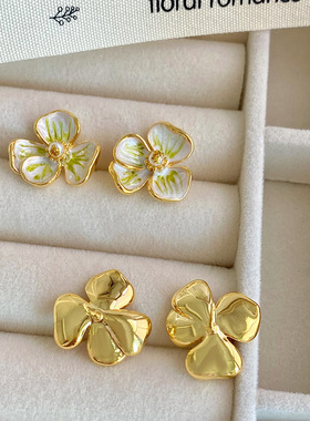 XKDDCT夏季森系紫色绿色鸢尾花滴釉耳钉超仙气质优雅花朵耳环珐琅