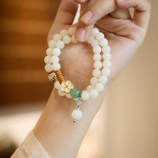 XKDDCT天然白玉菩提手串有钱花绿东陵菩提双圈手串佛珠念珠手链小