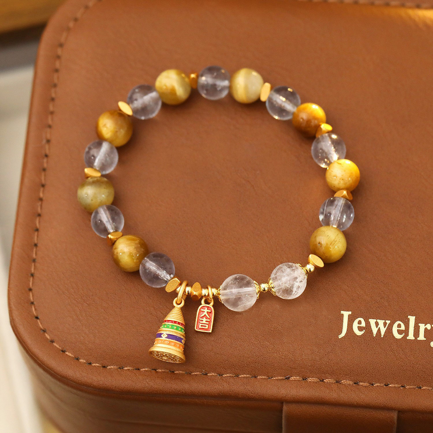 XKDDCT新中式纳福财运饰品手链女暴富虎眼石黄水宝塔黄发晶手串款