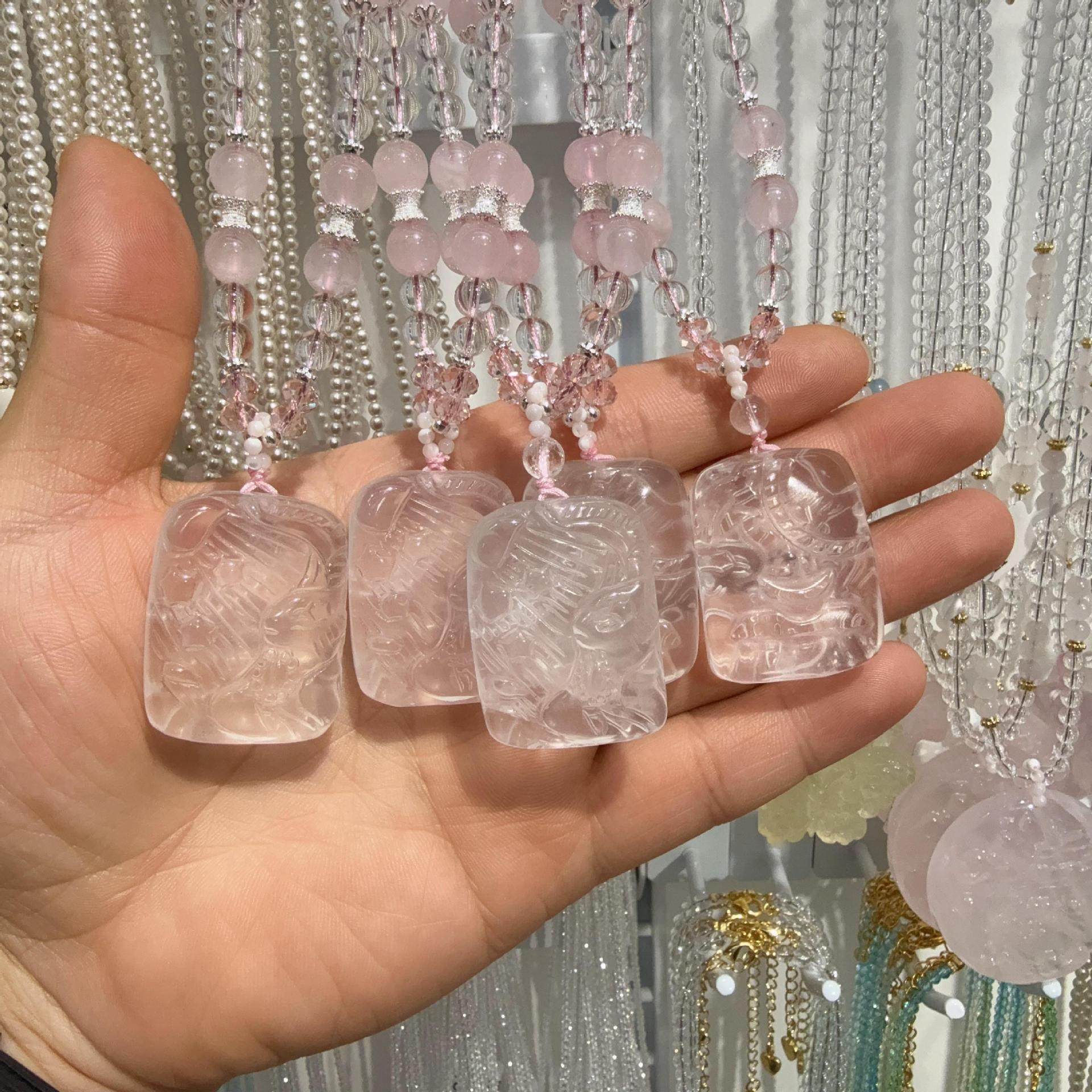 XKDDCT天然冰透粉吊坠项链设计款雕刻九尾狐水晶链新中式圆牌锁骨