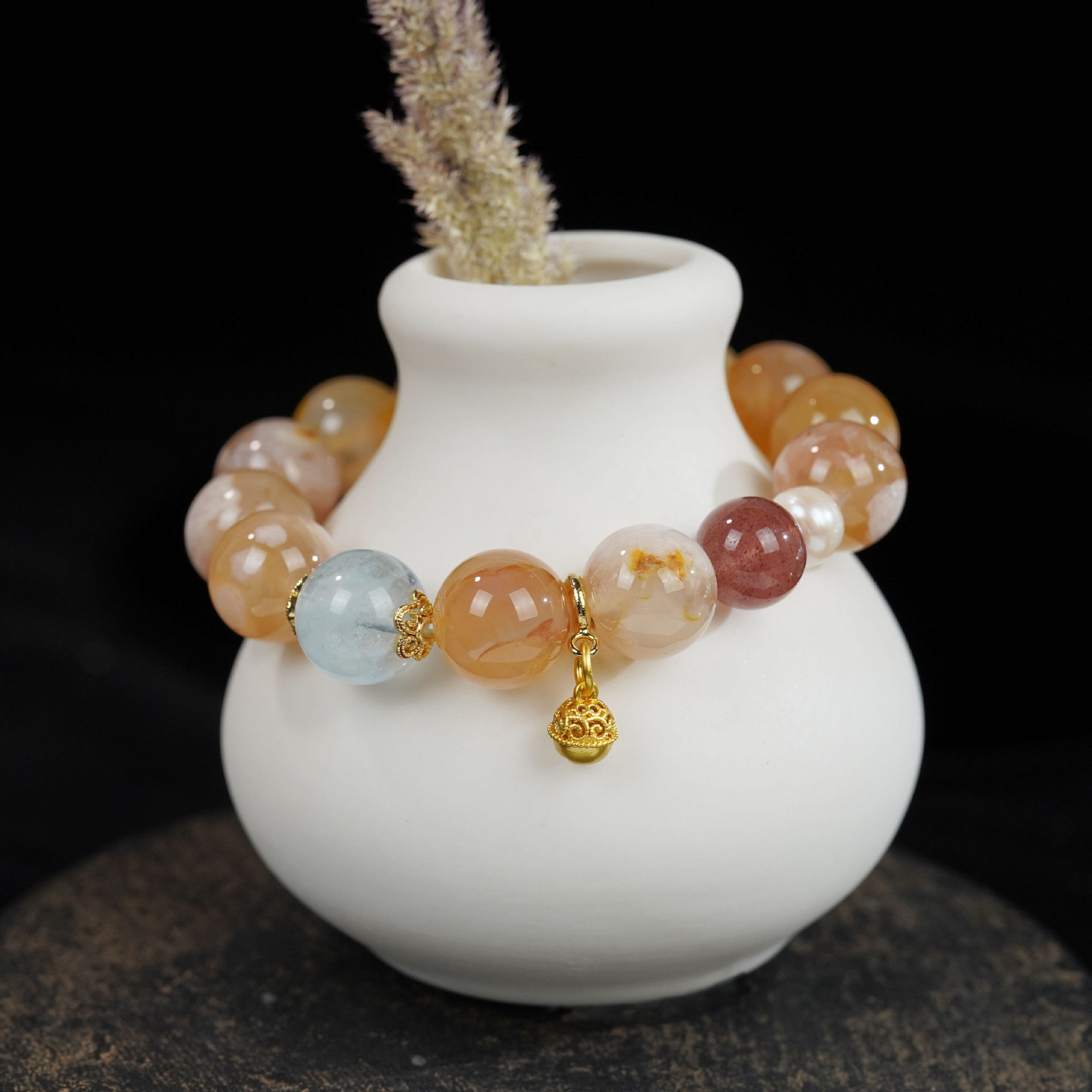 XKDDCT天然樱花玛瑙手链冰种飘花珠子海蓝宝单圈手串女送人礼物夏