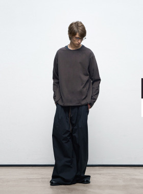 DECESOLO 25AW 日系潮流毛边拼接船领长袖T恤 纯棉一字领纯色上衣