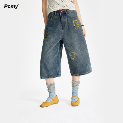 PCMY小马logo刺绣休闲宽松七分裤女夏薄款干爽透气超火水洗牛仔裤