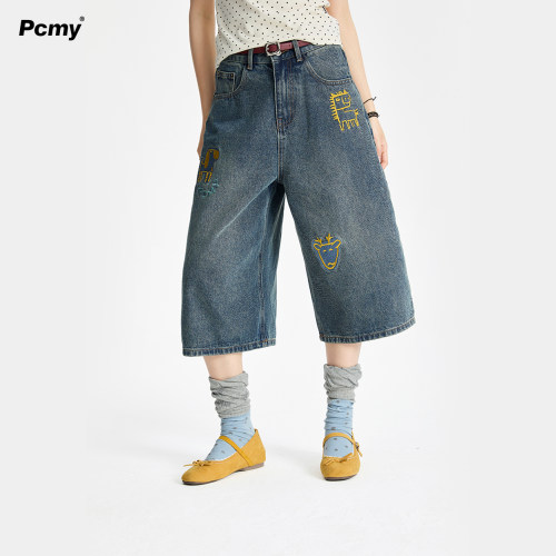 PCMY小马刺绣七分牛仔裤女夏宽松