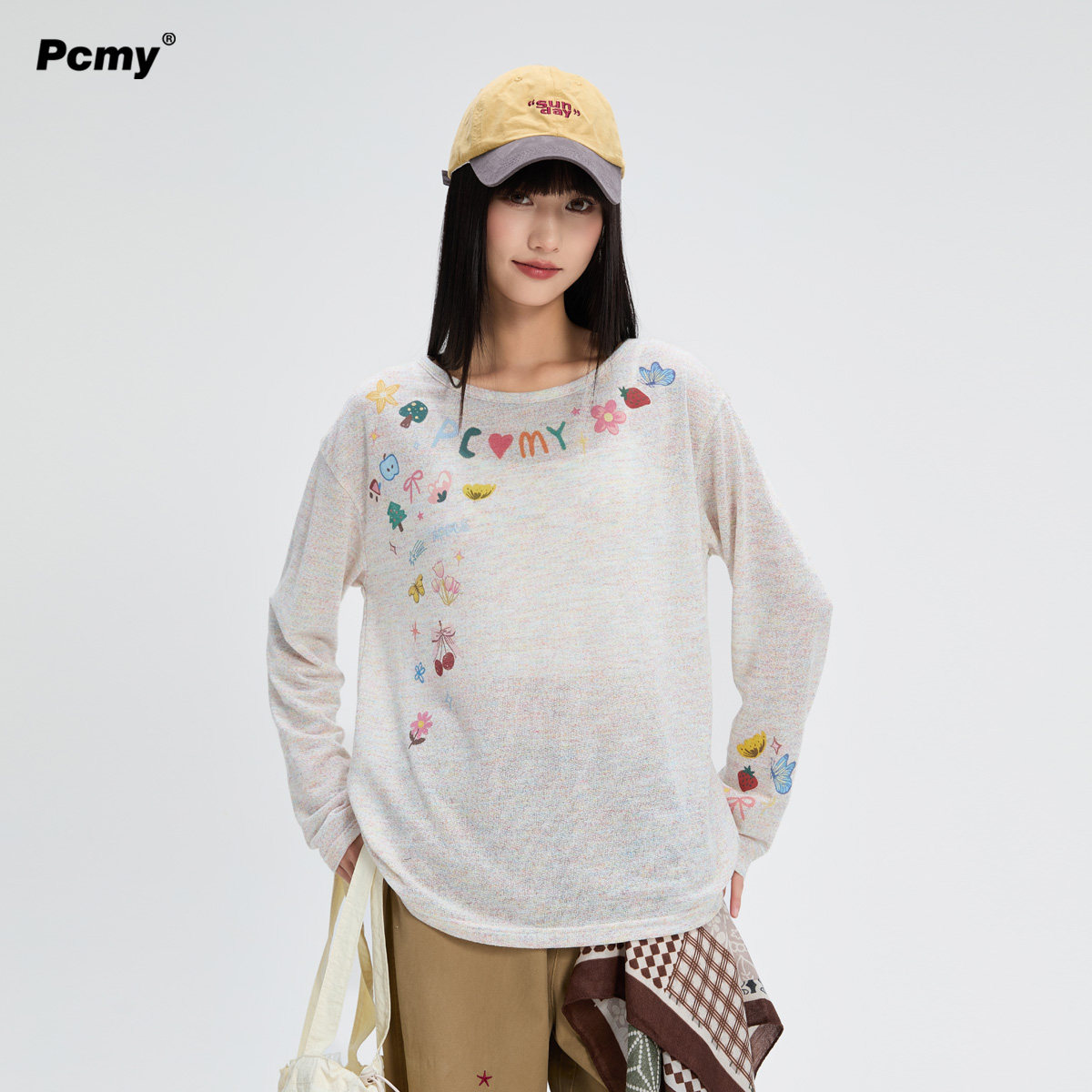 PCMY涂鸦长袖T恤甜酷风薄款镂空防晒艺术生罩衫女夏微透薄纱上衣
