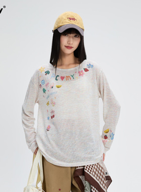 PCMY涂鸦长袖T恤甜酷风薄款镂空防晒艺术生罩衫女夏微透薄纱上衣