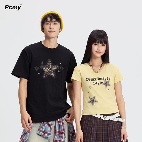 PCMY豹纹复古字母印花短袖T恤