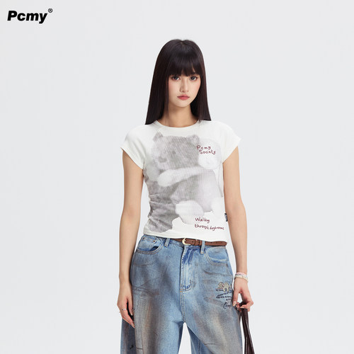 PCMY波点小熊印花短款正肩T恤女