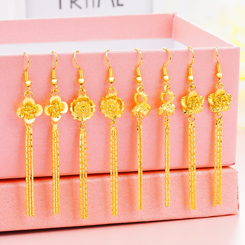 铜镀24K真金花朵长款女士耳坠 越南沙金玫瑰花流苏耳环