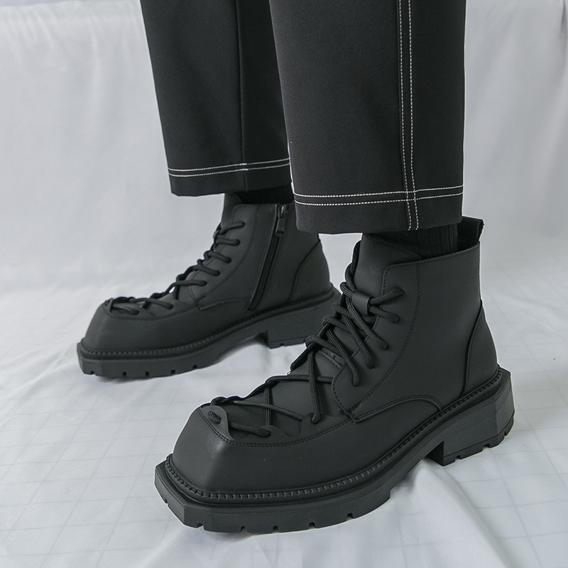 英伦风方头马丁靴男冬季厚底增高工装机车靴黑色短靴时尚潮流皮靴