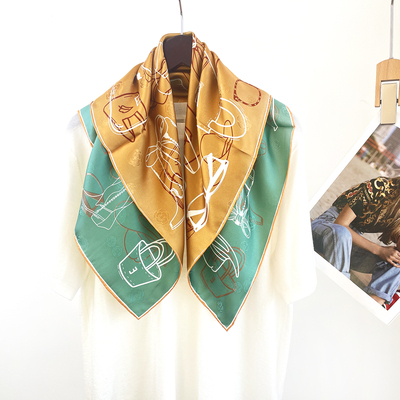 丝巾女100%桑蚕丝65真丝提花小方巾印花文艺领巾春夏绑包头巾度假