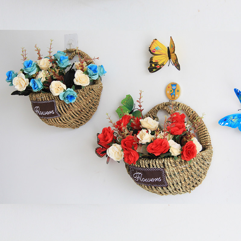 墙上装饰花篮草编挂篮壁挂花盆藤编篮子仿真花干花客厅走廊悬挂件
