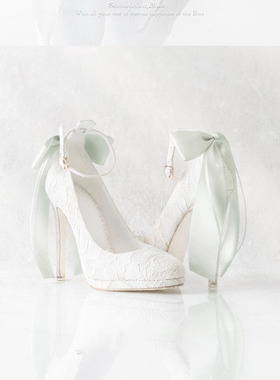 2024春季新款日系mayla classic 同款白色丝带甜美高跟鞋蕾丝婚鞋