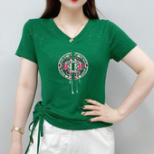 国风大码 上衣服女士纯棉鸡心领半袖 夏装 新中式 短袖 t恤修身 体恤衫