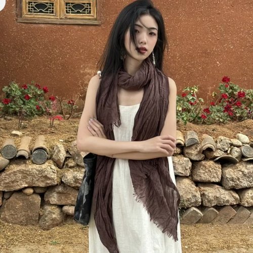 日系百搭褶皱纯色春秋棉麻手感围巾丝巾女复古文艺薄款披肩围脖