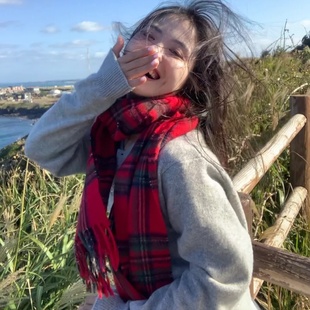 英伦风经典格纹红色格子围巾女高级感仿羊绒披肩保暖围脖学生两用