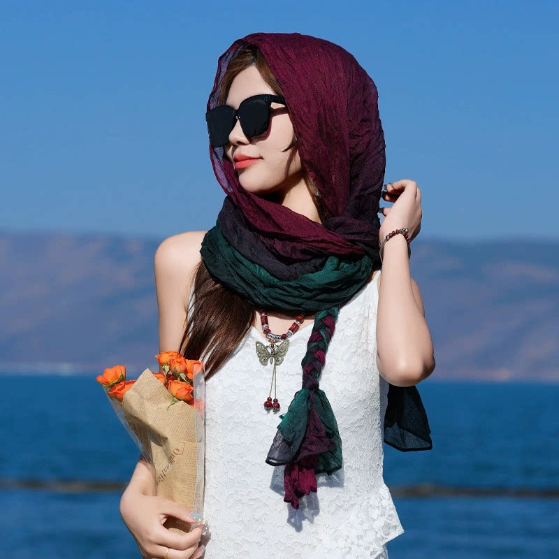 2026夏季新款棉麻花丝巾帽辫子包头巾女围巾女旅游遮阳防晒披肩