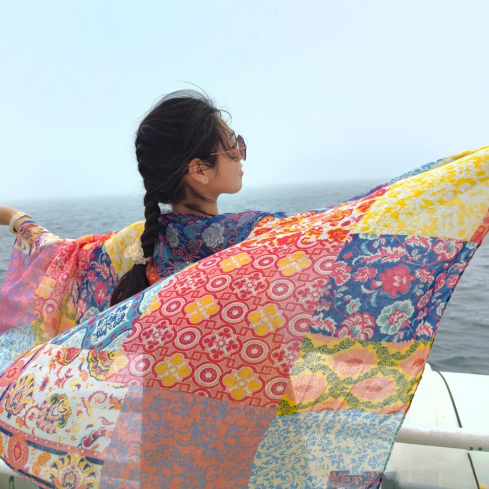 民族风围巾防晒披肩女云南青海草原旅游穿搭丝巾海边沙滩纱巾薄款