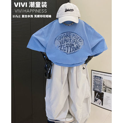 VIVI童装【婴儿蓝】2026夏亲子装中大童宽松轻薄水洗无感印花短袖