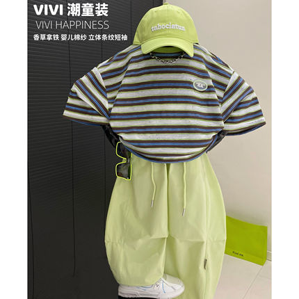 VIVI童装【香草拿铁】2026夏款中大童宽松轻薄棉立体条纹短袖