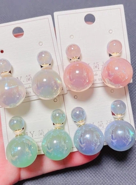 新款彩色人鱼姬珍珠前后两戴款耳环女银针气质潮百搭款式小众气质