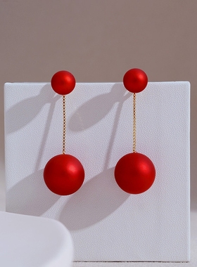 红珠子耳坠前后款耳钉红色复古怀旧耳环2020年新款潮珍珠耳饰长款