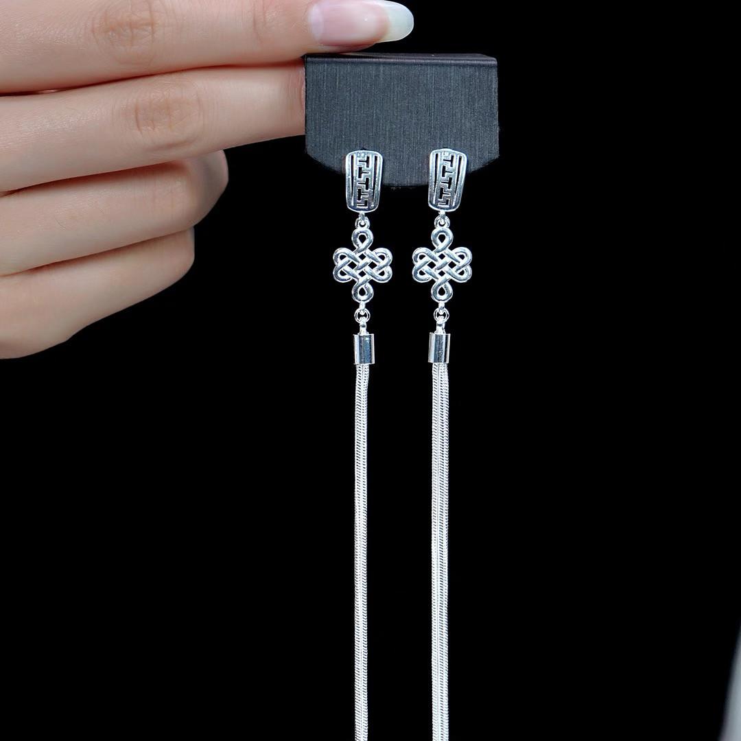 新吉祥结蒙古民族风耳钉百搭气质国风纯手工个性长流苏耳饰耳针