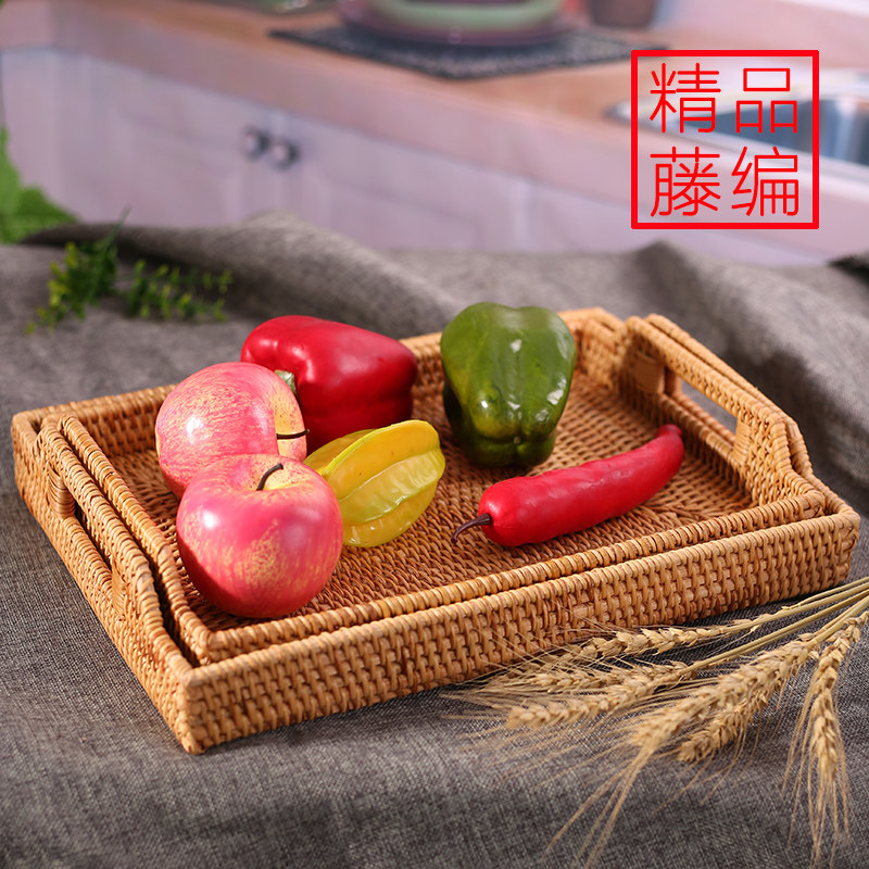 精品藤编水果面包篮茶具托盘糖饼零食筐桌面收纳果盘展示盘带提手