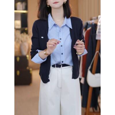 橘色假两衬件衫领长袖针织衫女2025年秋季新款高感百LNE洋气级搭