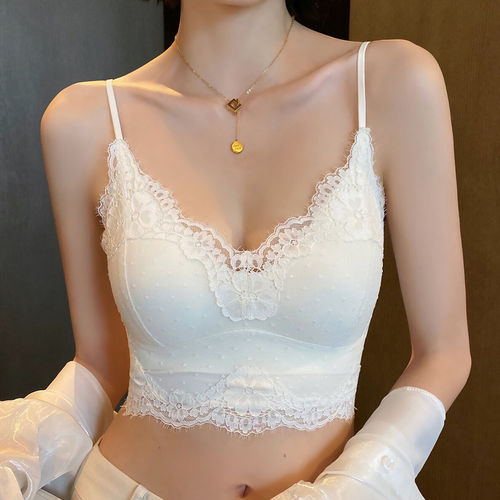 法式蕾丝睫毛美背无痕V领吊带细肩带防走光修身显瘦可外穿背心女