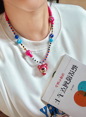 JMH小吴同学 草莓熊多巴胺彩色项链甜美可爱韩系毛衣链日韩配饰