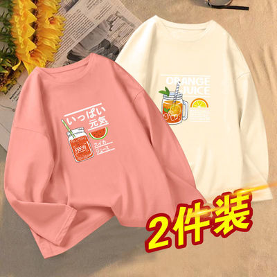 2023新款春秋装韩版宽松显瘦学生奶白色T恤卡通印花长袖上衣ins