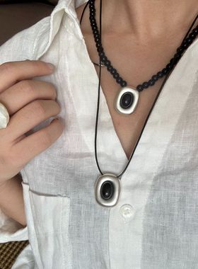 新中式经典黑色串珠手工亚银吊坠项链生生不息锁骨链百搭长款项链