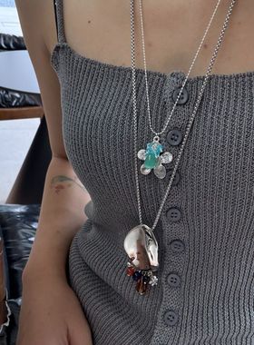 ins金属凹凸褶皱独特项链天然石流苏吊坠毛衣链蓝色花朵项链