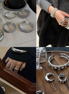 多层圆珠素圈开口戒指手镯套装小众个性极简搭配韩系ins冷淡风女