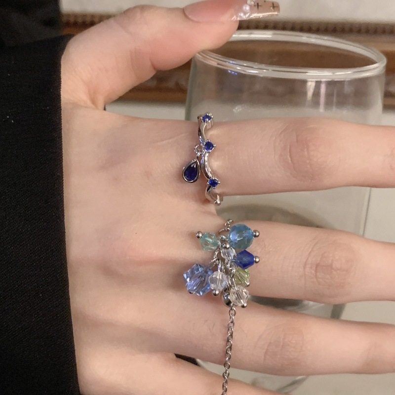 韩版个性不规则褶皱流苏链条戒指女手工串珠水晶珍珠设计感指环戒