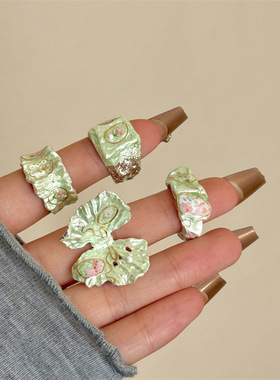 新中式绿色滴釉花朵蝴蝶戒指女多巴胺甜美小众设计感百搭食指戒子
