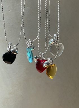 韩国ins博主同款清新小桃心个性抽拉银色项链水晶爱心彩色项链女