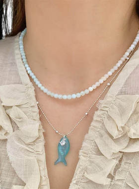 韩国新款蓝色小鱼吊坠天然石串珠叠戴双层项链 锁骨链小清新项饰