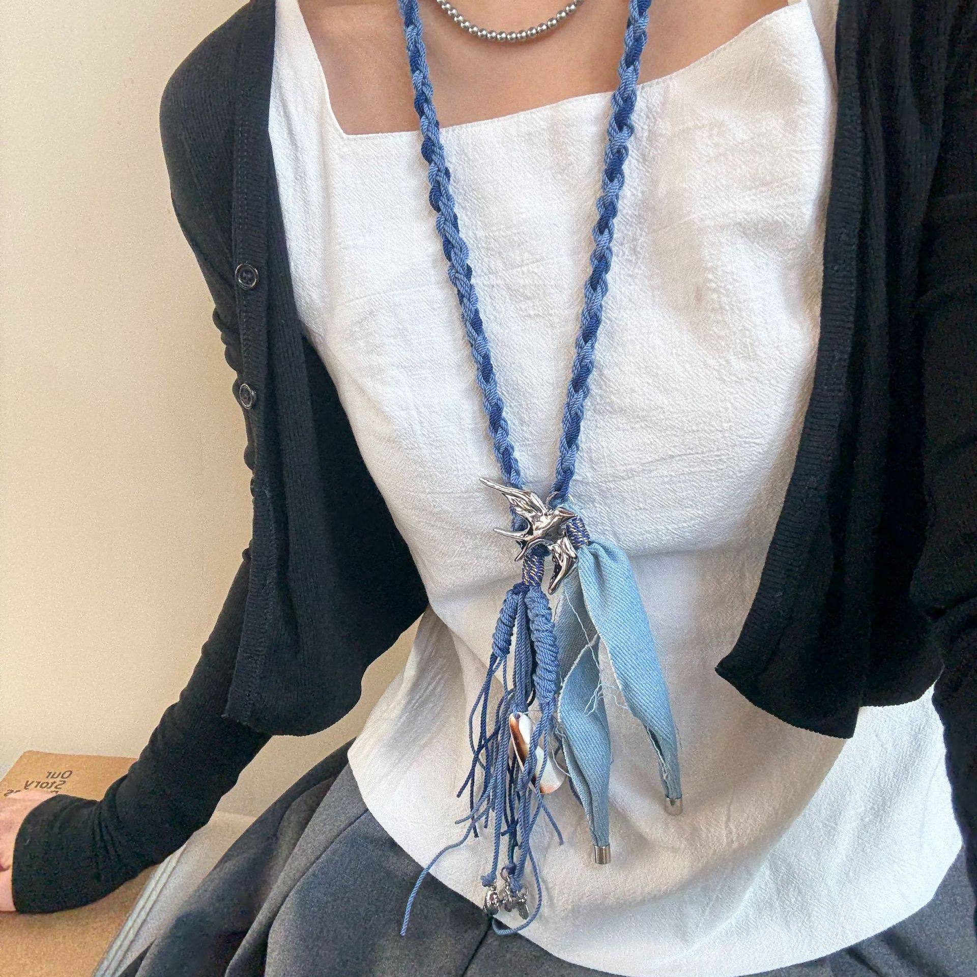 度假系列手工项链小飞鸟吊坠蓝色编绳牛仔布流苏长项坠项链配饰女