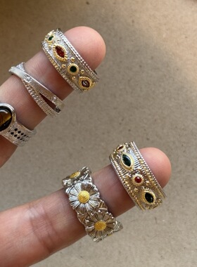 爱心宽版简约珍珠六芒星虎眼石戒指中古撞色重工小雏菊开口食指戒