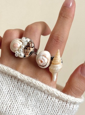 海洋风手工镶嵌珍珠天然贝壳海螺开口戒指 ins复古沙滩风叠戴指环