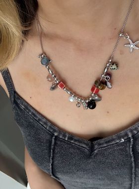 不锈钢个性爆款彩珠圆球串珠四芒星抽拉女高级设计感小众百搭项链